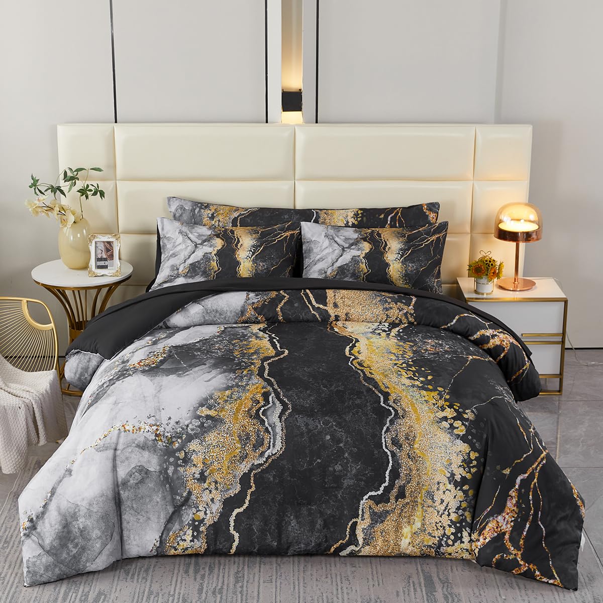 PERFEMET 6 PCS Bed in a Bag Black Watercolor Marble Printed Comforter Set for Queen Bed Burning Mountain Pattern Bedding Set with Sheets Retro Artwork Design Quilt Sets(Black, Queen)