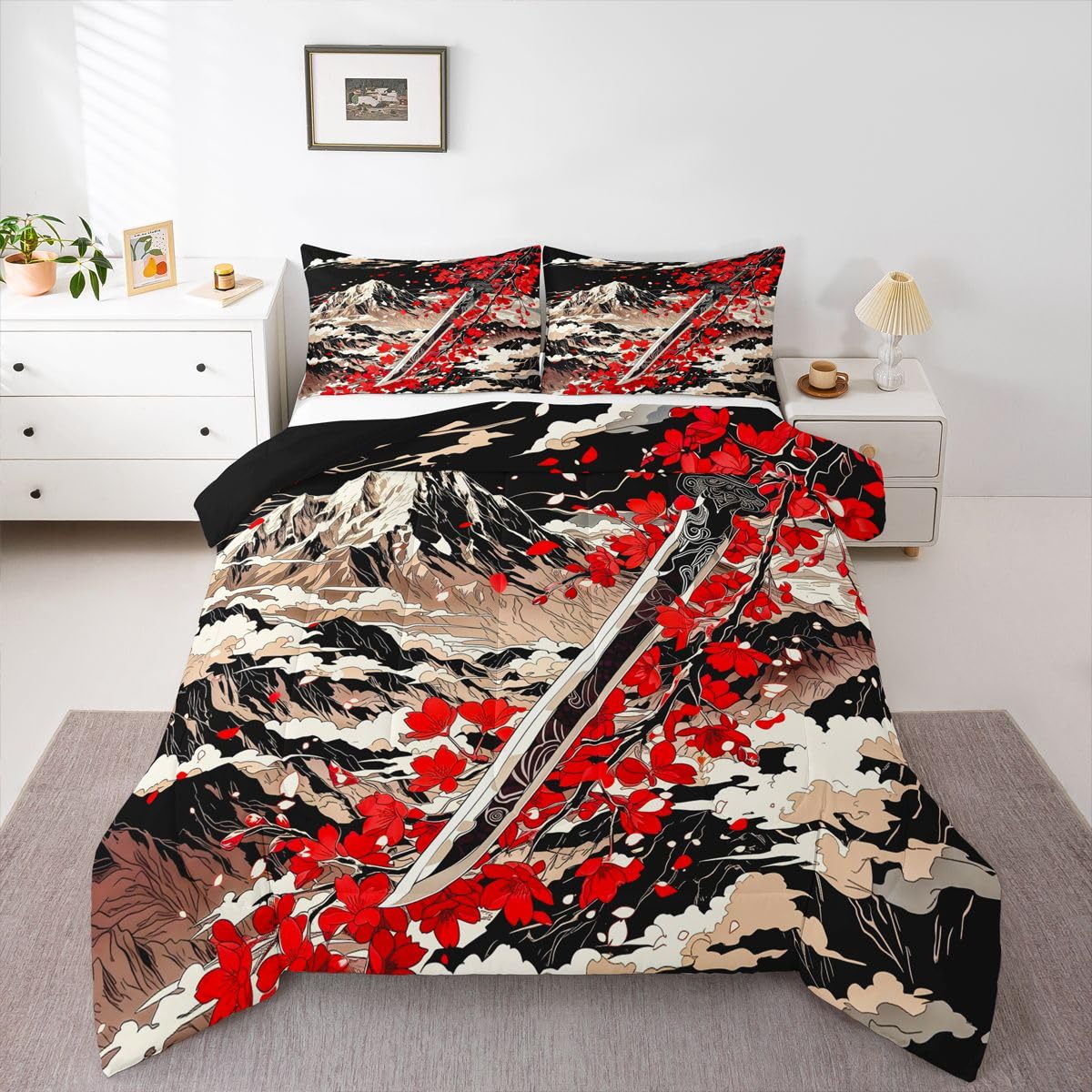 Erosebridal Japanese Style Comforter Set for Kids Boys Girls Red Japanese Cherry Blossoms Bedding Mount Fuji Duvet Set Romance Japan Comforter Full with 2 Pillowcases