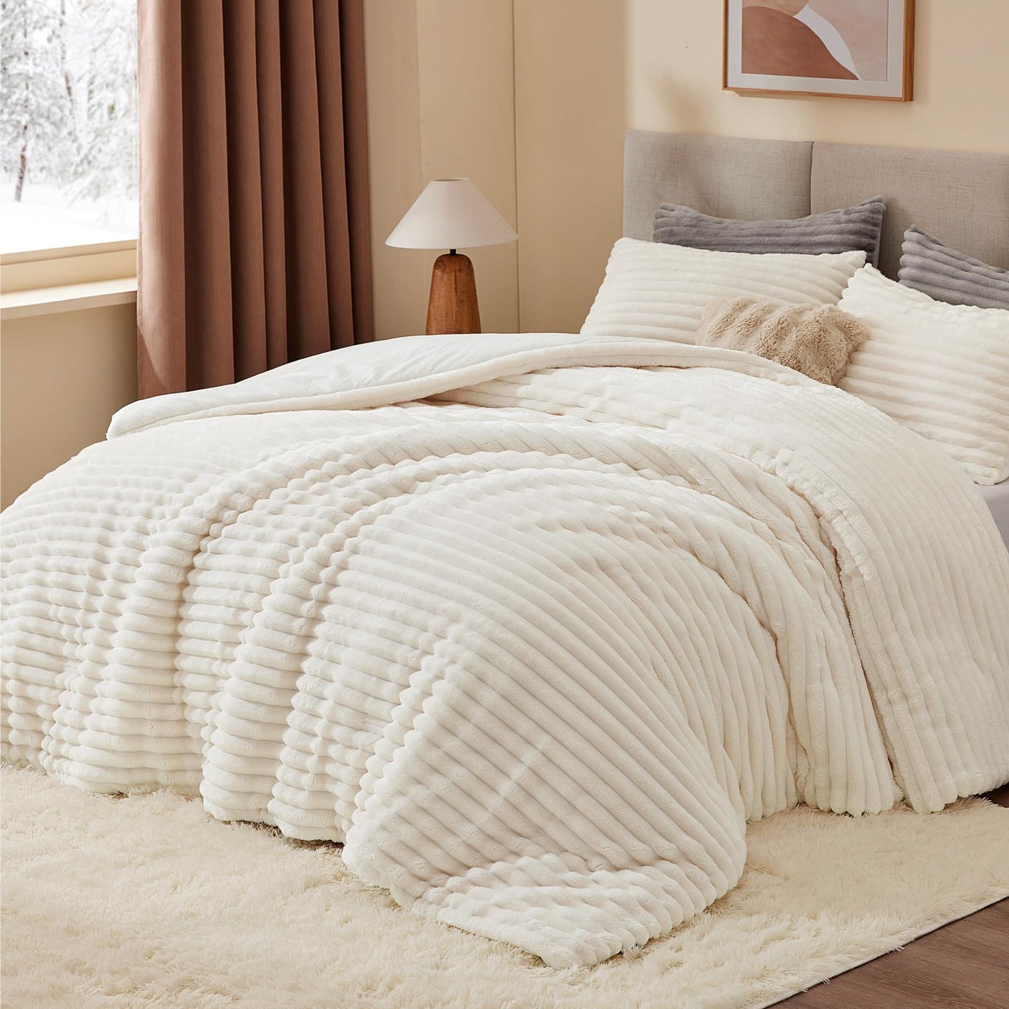 BEDELITE Fleece Queen Comforter Set -Super Soft & Warm Fluffy Cream White Bedding, Luxury Fuzzy Heavy Bed Set for All Season with 2 Pillow Cases