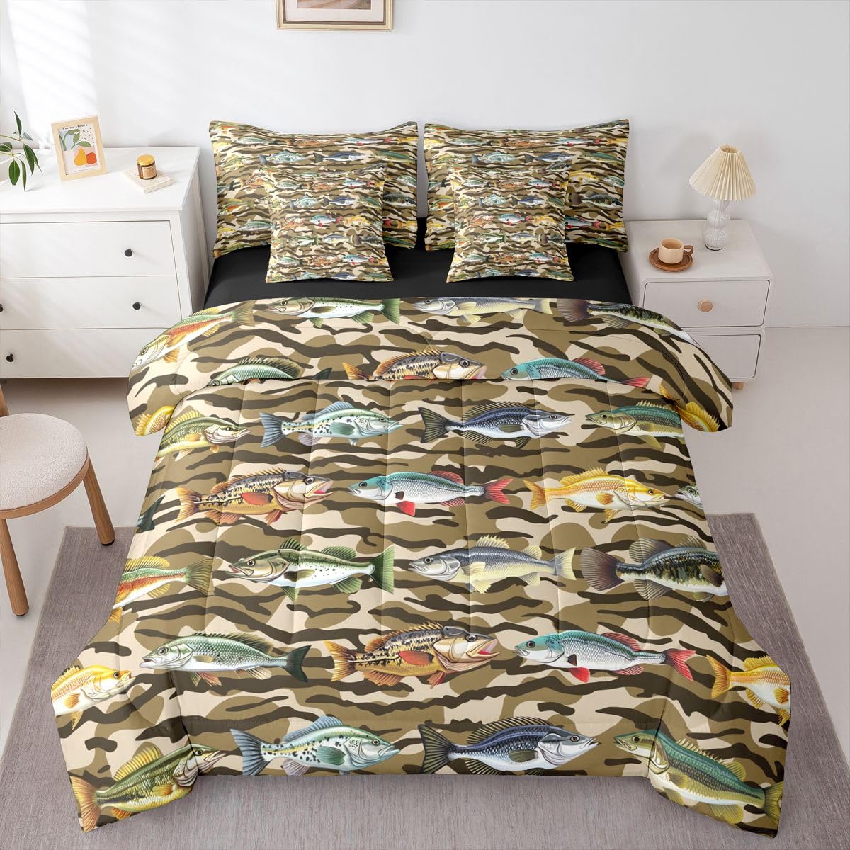 Kids Camo Pike Fish 7-Piece Bed in a Bag Full for Boy Teens Adults | Camo Hunting and Fishing Bedding Set Rural Camouflage Hunting Comforter Set with Sheets Rustic Cabin Country Farmhouse Duvet Insert