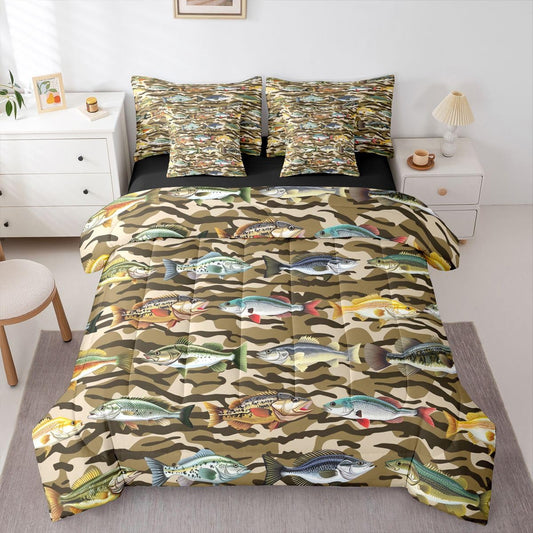 Kids Camo Pike Fish 7-Piece Bed in a Bag Full for Boy Teens Adults | Camo Hunting and Fishing Bedding Set Rural Camouflage Hunting Comforter Set with Sheets Rustic Cabin Country Farmhouse Duvet Insert