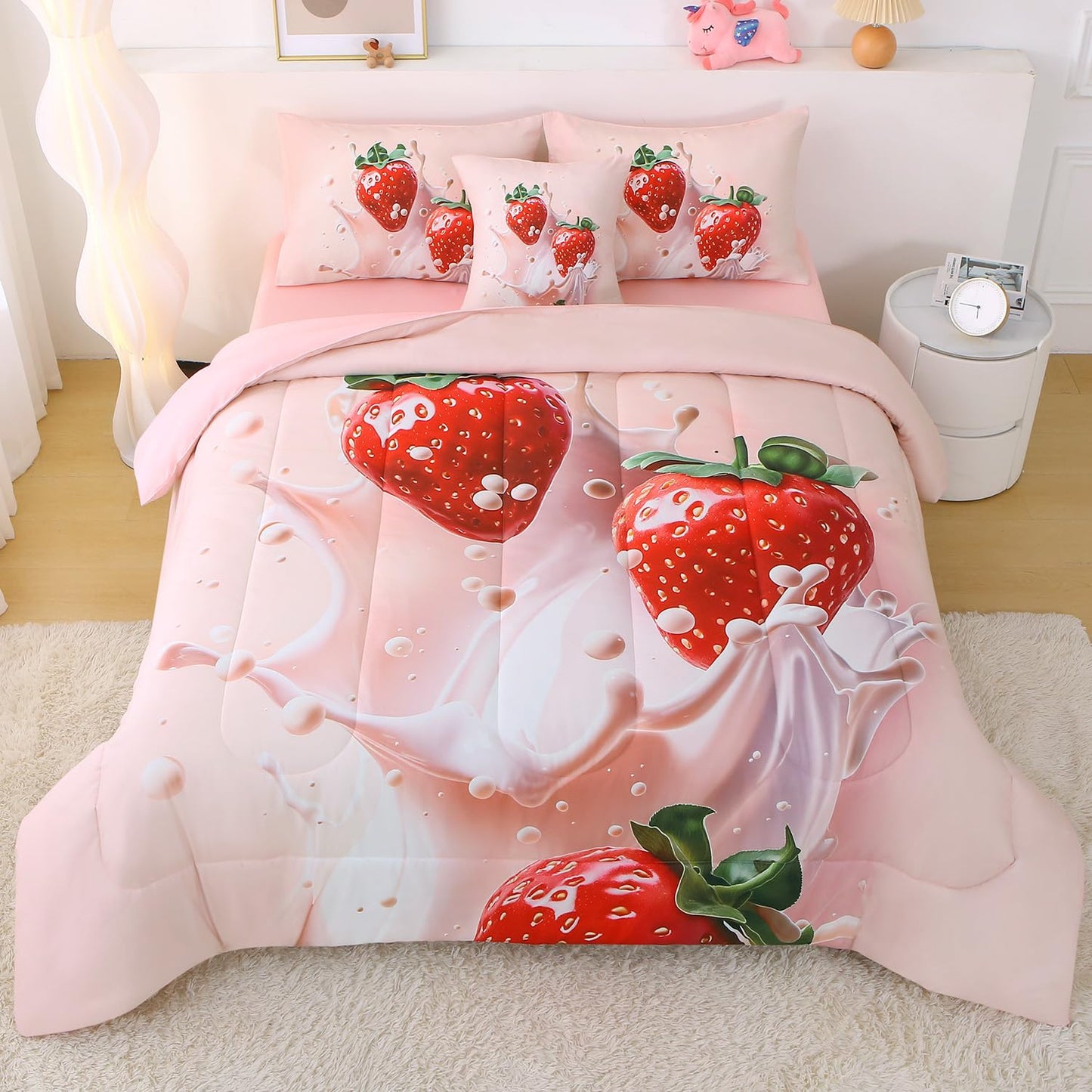 JQinHome Twin Strawberry Comforter Sets for Girls Kids Teens,6 Piece Bed in A Bag - All Season Soft Microfiber Strawberry Bedding Set with Sheet Sets (Pink)