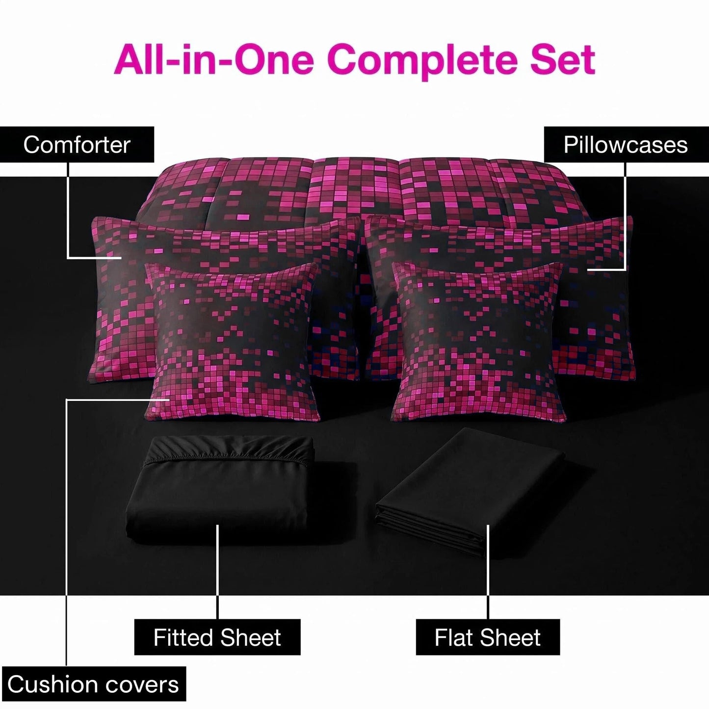 Feelyou Pink Black Gradient 8-bit Pixel Twin Comforter Set with Sheets for Kids Boys Girls Nostalgic Gamer 7 Pieces Bedding Set Retro Pixel Bed in a Bag Gaming Room Decor Room Decor Microfiber