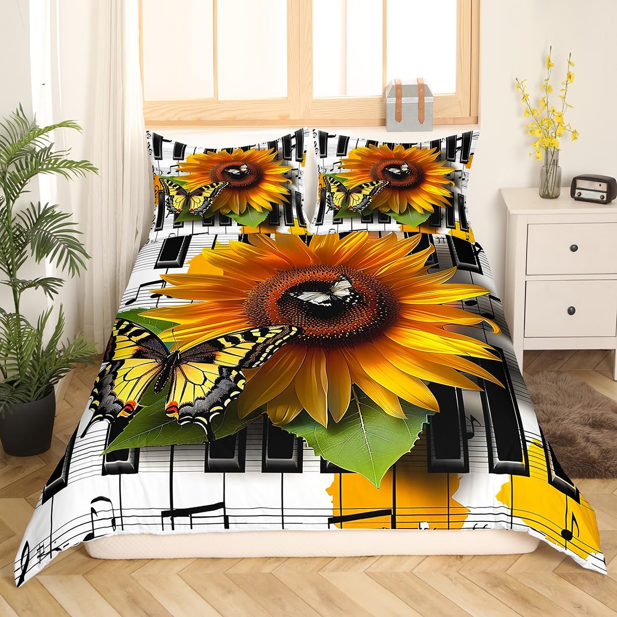 Manfei Sunflower Duvet Cover Set Queen Size, Yellow Flower Butterfly Bedding Set 3pcs for Kids Girls, Black White Musical Note Comforter Cover Music Theme Quilt Cover with 2 Pillowcases,No Comforter