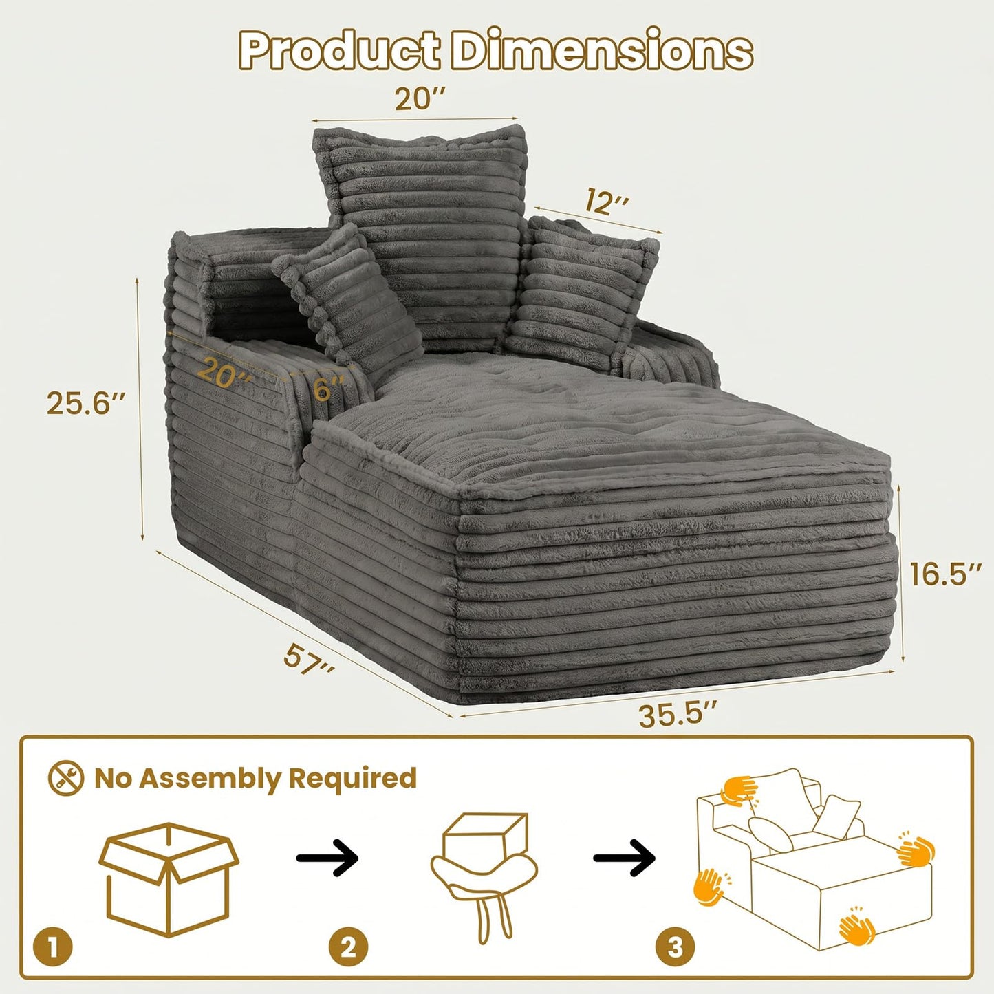 Ziydily 57 Inch Chaise Lounge Chair Indoor, Corduroy Upholstered Boneless Sofa Bed, Deep Seat Sleeper Couch Reading Chairs, Small Comfy Cloud Sofas Couches for Living Room, Bedroom, Grey