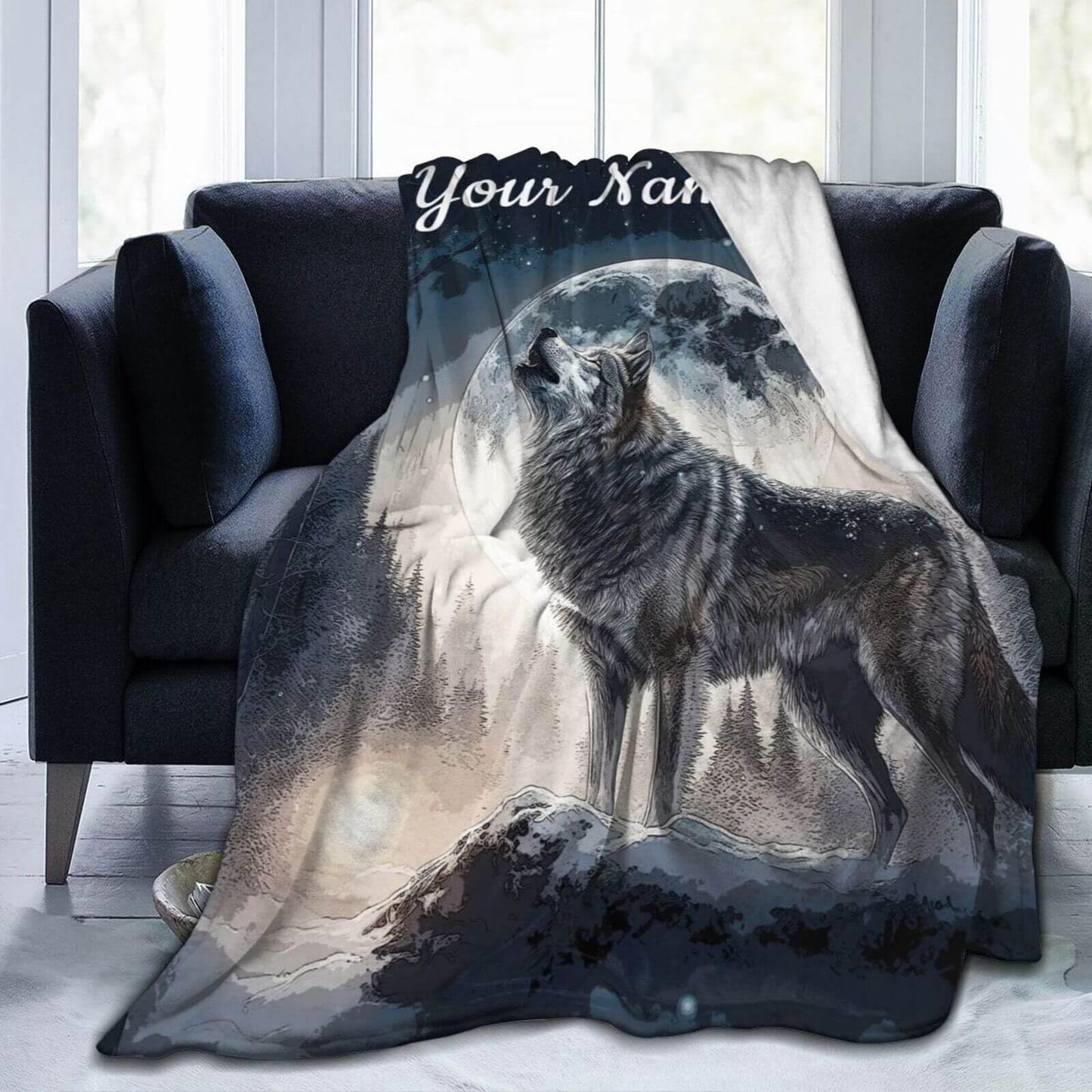 Homieblanket Custom Howling Wolf Blanket with Name for Boys Girls, Personalized Cool Wolf Themed Design Printed Throw Blankets for Kids Lap, Chair Sofa, Giftable Blanket, 40"x 50"