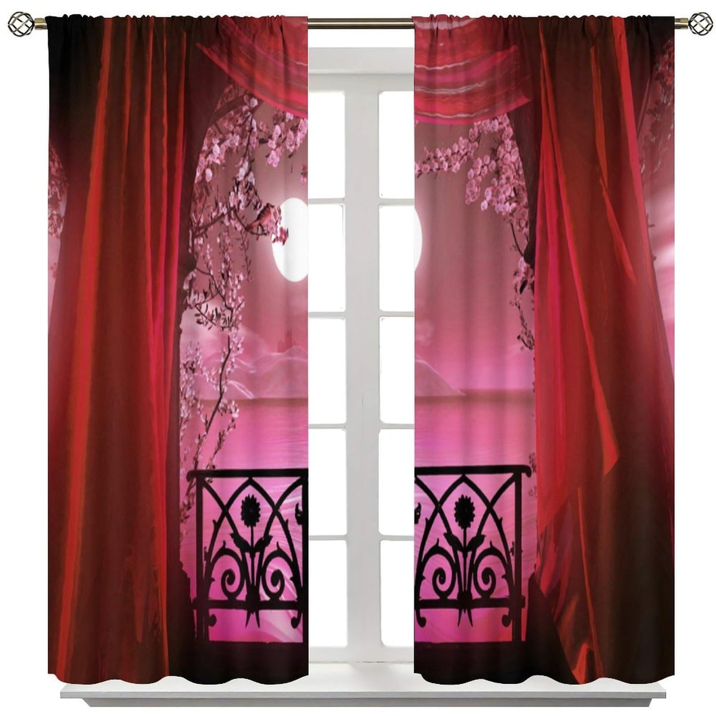 YCness Gothic Window Curtains, Retro Palace Architecture White Flowers Horror Atmosphere Calm Lake Scenery Window Treatments for Kitchen Bedroom Living Room 2 Panels Red Drapes 42x45 Inch