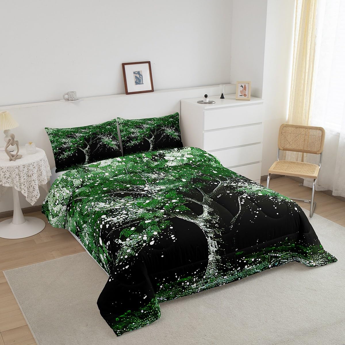 Manfei Green Tree Comforter Set for Kids,Abstract Nature Grass Bedding Set Teens Boys Room Decor,Tree Painting Print Comforter with 1 Pillowcase for All Seasons,Twin