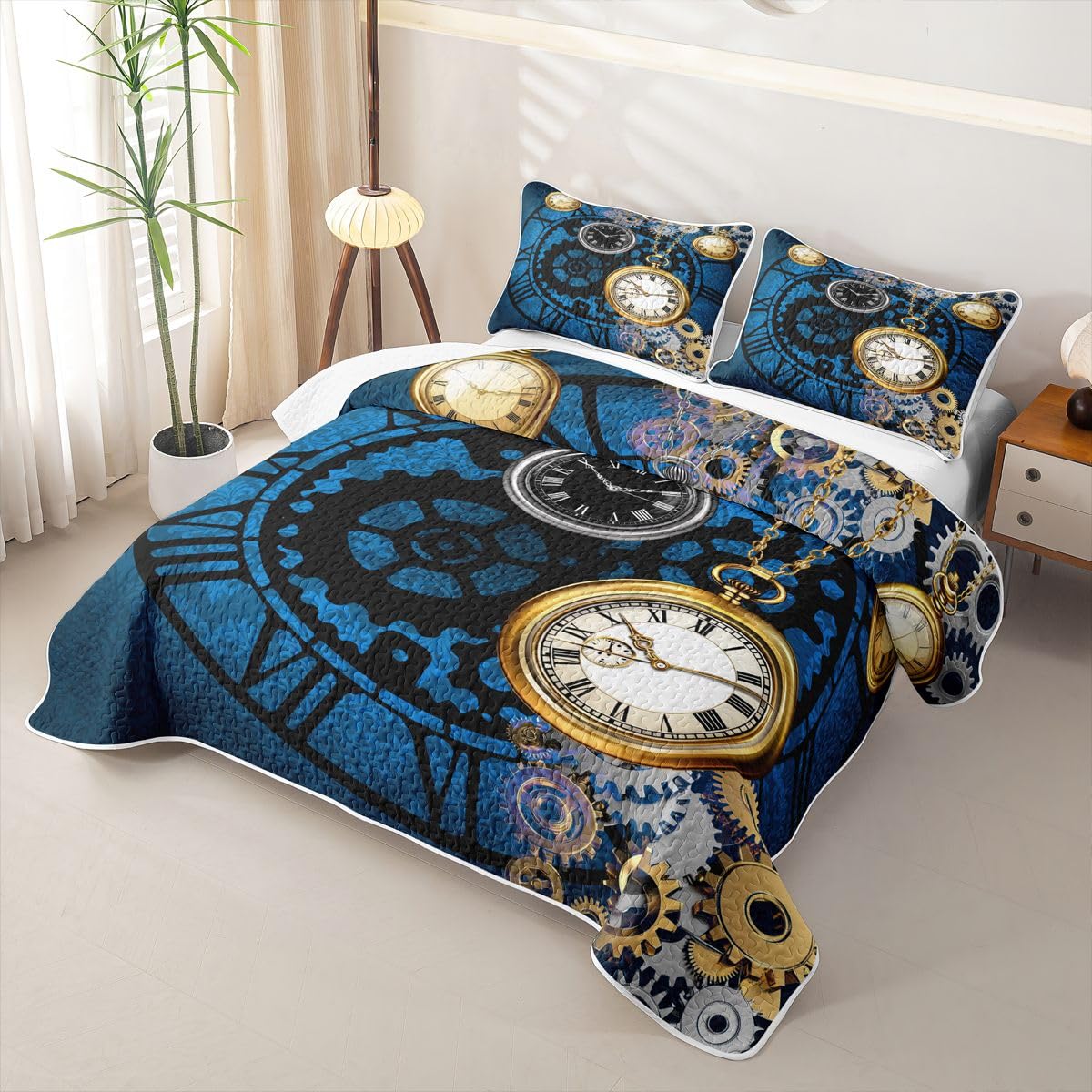 Erosebridal Vintage Clock Theme Quilts King Size - Industrial Gear Bedspread Coverlet Set, Mechanical Device Quilt Coverlets 3 Pieces
