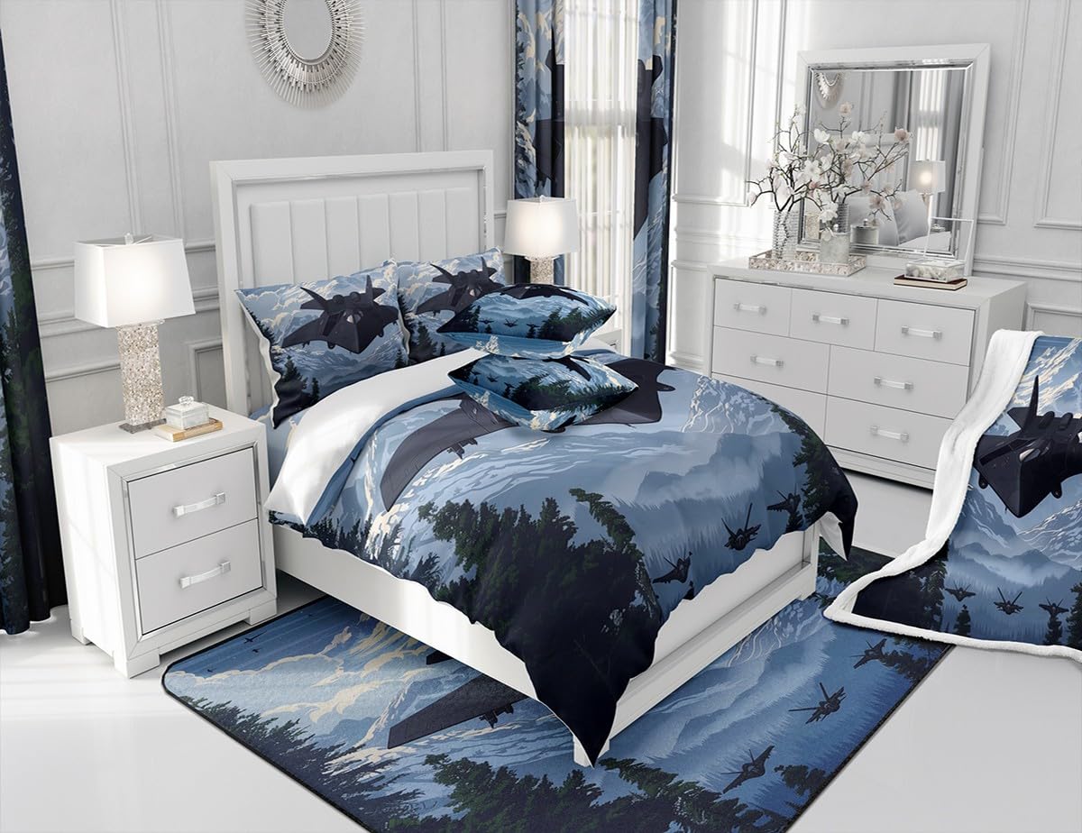 Manfei Modern Airplane Bed Comforter Set Queen Size,Military Black Fighter Plane Aircraft Super Soft Microfiber Bedding Set for Girls Boys,Snowy Mount Pines Trees Nature Paint Decorative Quilter Set