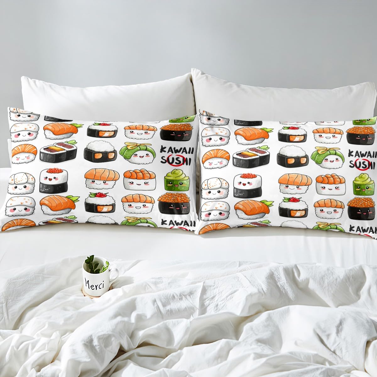 Erosebridal Sushi Fitted Sheet Kawaii Bed Sheet Set Full Size,Japanese Style Bedding Set 4 Piece(1 Fitted Sheet,1 Funny Japan Food Flat Sheet,2 Pillowcases) for Kids Child Novelty White Bedroom Decor