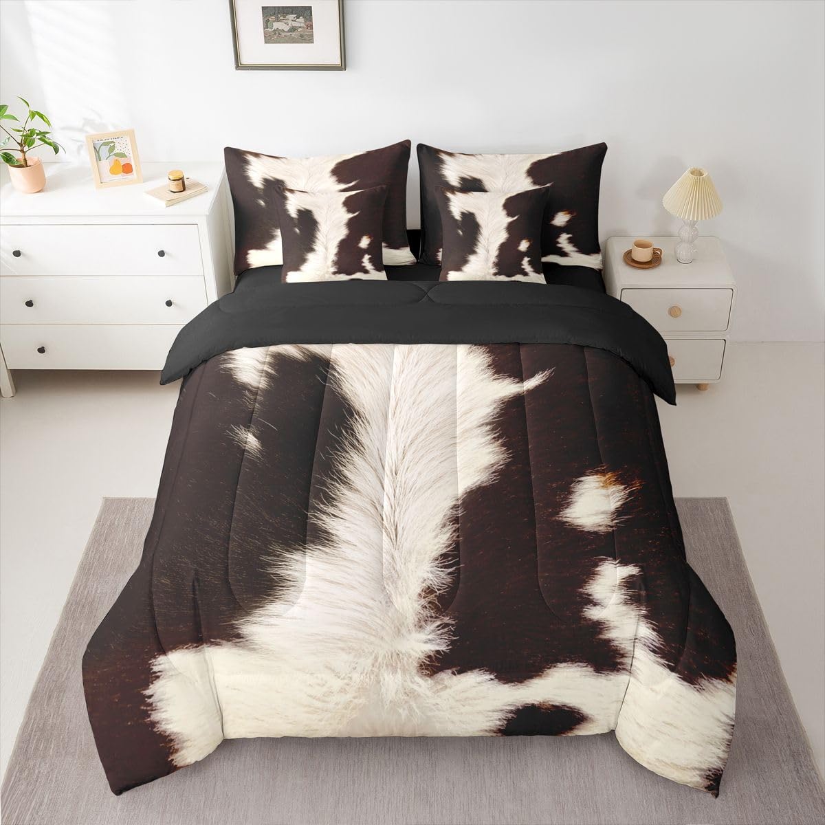 Erosebridal Cow Print Twin Bedding Set 7 Piece for Boys Western Cowhide Bed in A Bag for Kids Teens Youth Adult Animal Skin Comforter Set with Sheetrustic Farmhouse Bed Sets