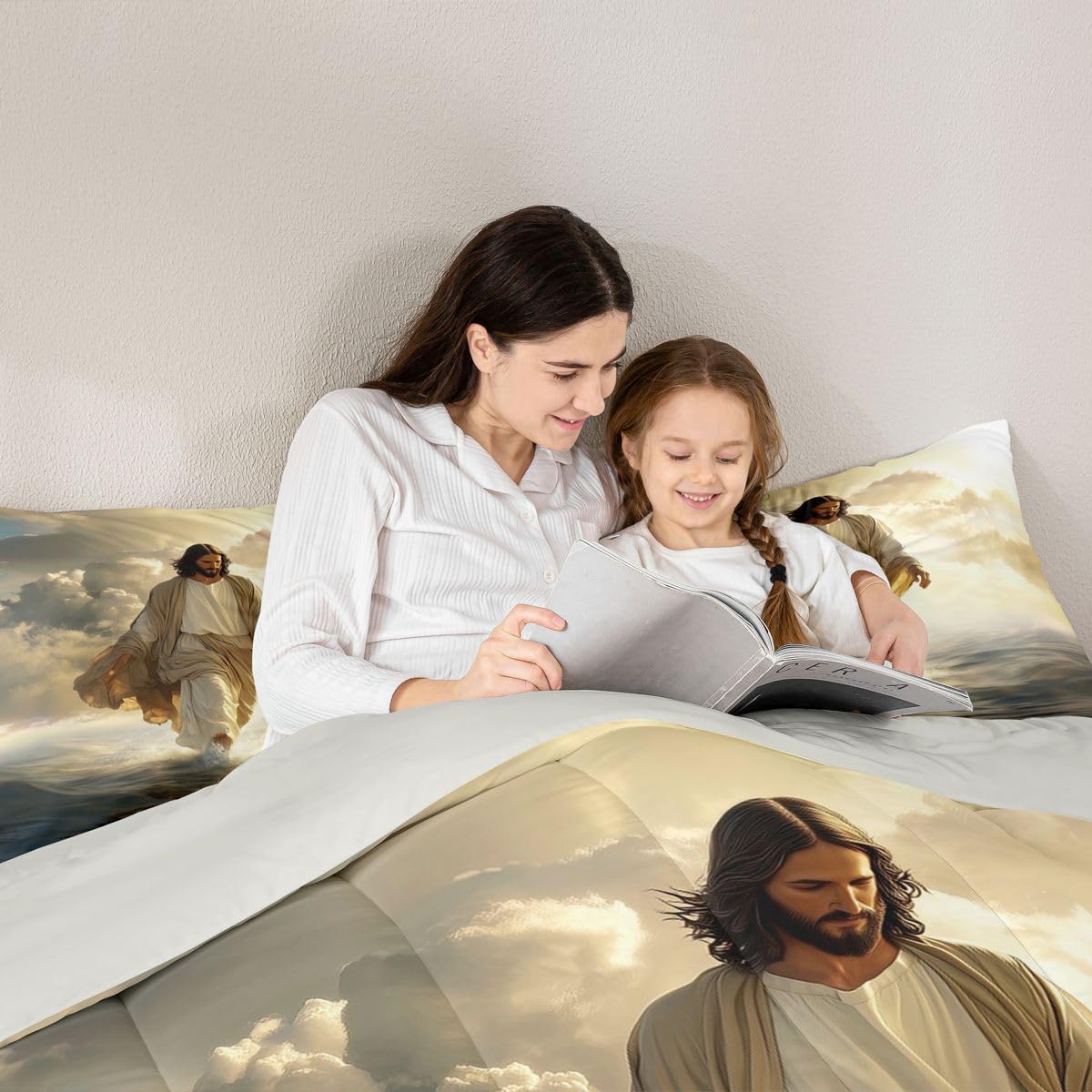 God Walking on Water Kids Comforter Set Twin Size,Western Faith Bible Verse Bedding Set Boys Girls Room Decor,Spiritual Artwork Quilt Comforter,Yellow Gray Duvet Set Bedroom Quilt Set,1 Pillowcase