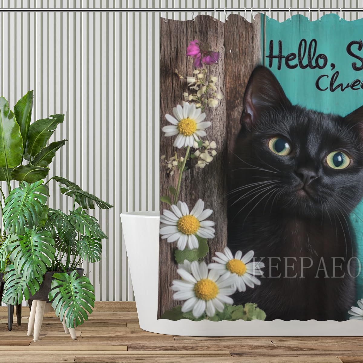 KEEPAEON Black Cat Shower Curtain, Cute Funny Shower Curtains for Bathroom Hello Sweet Cheeks Bathroom Decor with Hooks, Bathroom Curtain 60x72 Inches