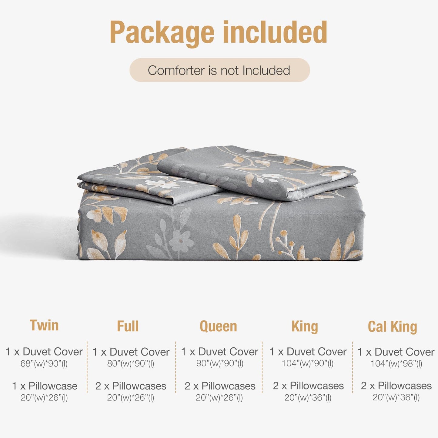 Lekesky King Duvet Cover Set, Gold Floral Duvet Cover King Size, 3 Pieces Grey Bedding Sets with Zipper, Ultra Soft Microfiber Reversible King Size Comforter Cover with 2 Pillowcases 20"x36"