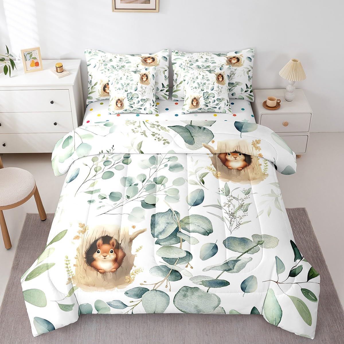 Erosebridal Kawaii Squirrel Bedding Comforter Sets 7pcs for Boys Girls Cartoon Animal Bed in a Bag, Eucalyptus Leaves King Bedding Sets Jungle Wildlife Comforter Set, Tropical Botanical Bedding Sets