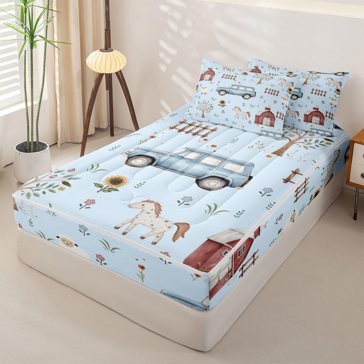 Erosebridal Farm Animal Twin Zipper Bedding Cartoon Tractor Kids Comforter Set with Fitted Sheet Rustic Barn Door 3 Pcs Bed in a Bag Set Farmhouse Horse Sheep Cow Sunflower Floral Zip Up Bedding Sets