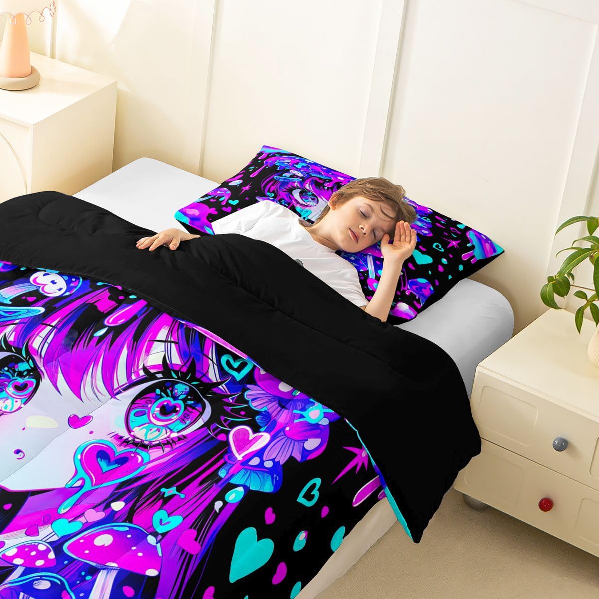 Erosebridal Japanese Girl Bedding Twin,Cartoon Girly Comforter Set 3D Anime Gifts Bed Sets Colorful Graffiti Print Duvet Insert 2 Pieces