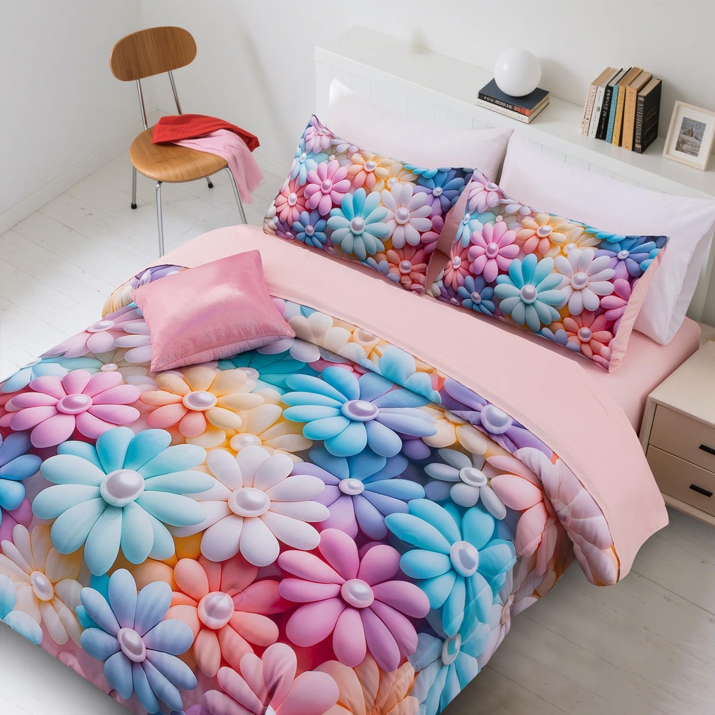 A Nice Night Stunning Blooming 3D Flower Floral Comforter Sets, with Pearl Flower Core Pattern Bedding Set for Girls Twin Size, Ultra Soft Bedding Sets (Blue-Purple, Twin 6Pcs)