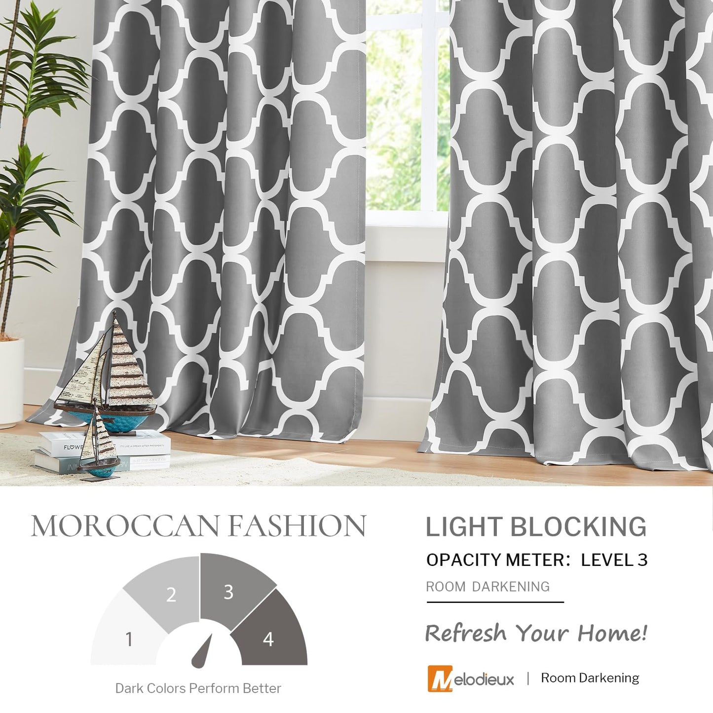 Melodieux Moroccan Printed Room Darkening Blackout Grommet Curtains for Living Room Bedroom, 52 by 84 Inch, Grey (2 Panels)