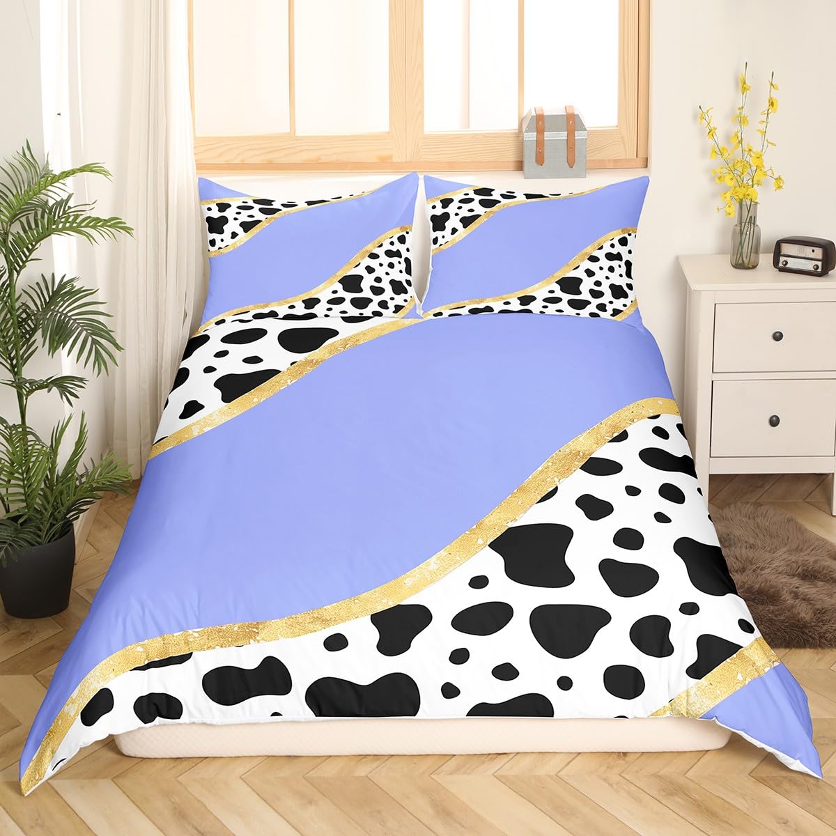 Manfei Cow Print Duvet Cover Set Queen Size, Black White Cow Fur Comforter Cover with 2 Pillowcases, Gold Glitter Bedding Set 3pcs for Kids Girls Teens, Fashion Purple Bedspread Cover,No Comforter