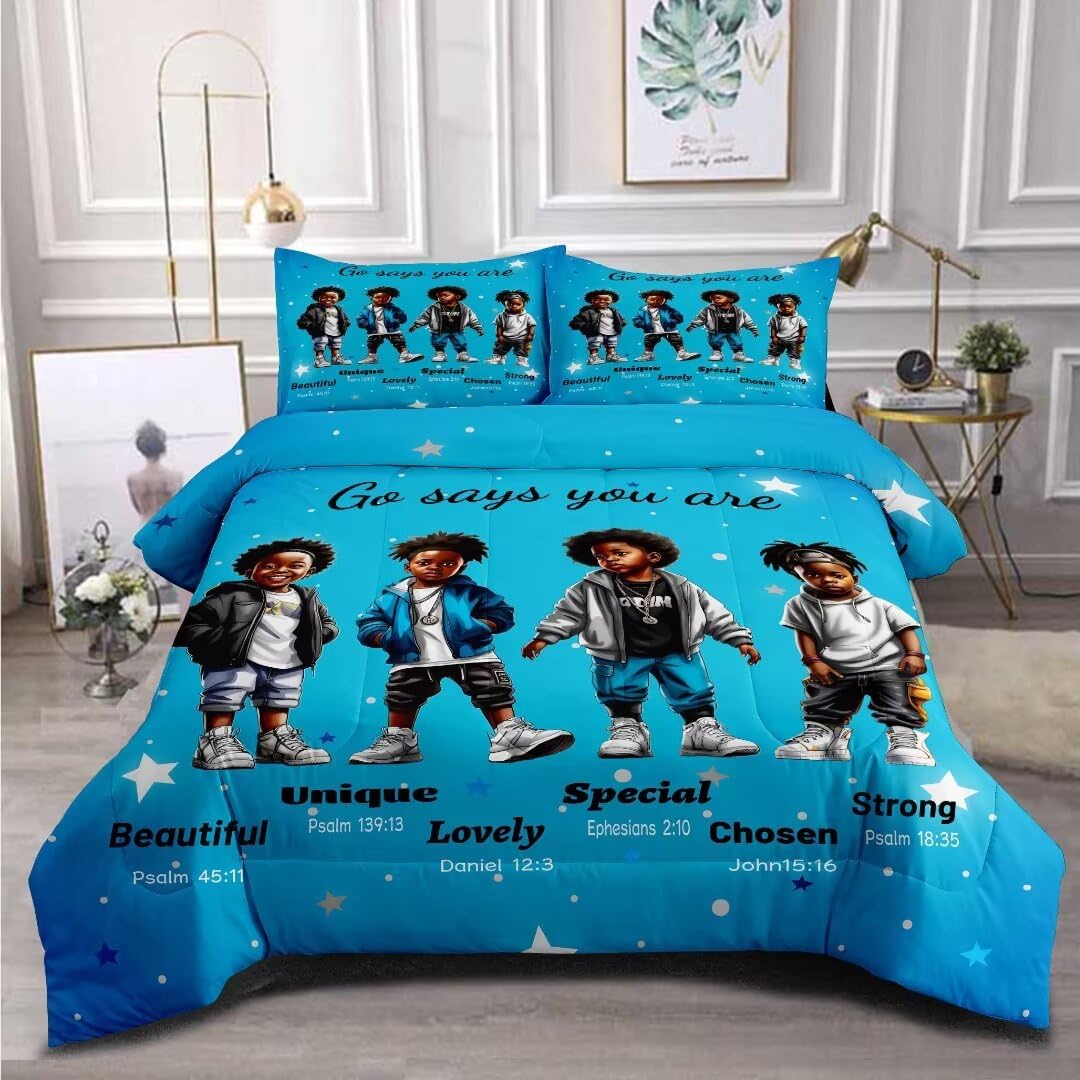 GRAT TIOC Black Comforter Set for Kids Teens Twin, Cute African American Boy Bedding, Afro Melanin God Says I Am Christian Bedroom Set 3 Pcs With 2 Pillowcases