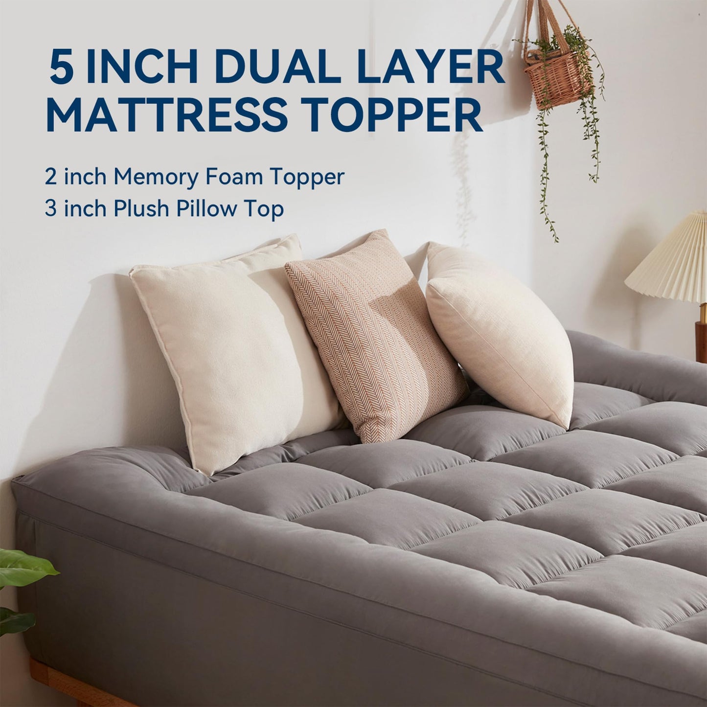 BDEUS Dual Layer 5 Inch Memory Foam Mattress Topper Queen Size, 2 Inch Gel Memory Foam Plus 3 Inch 1450 GSM Down Alternative Quilted Pillow Top Mattress Pad Cover,Dark Gray