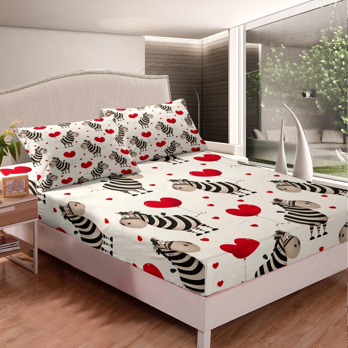 Feelyou Boys Girls Valentine's Day Bedding Set Full Size, Zebra Bed Sheet Set Love Heart Fitted Sheet Kids Romantic Teens Bed Cover Bedroom Decor 3Pcs (No TOP Sheet)