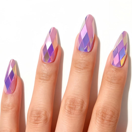 RUOKEXIN Almond Press on Nails Medium Length Fake Nails Chrome False Nails with 3D Rhombus Designs Full Cover Nail Press ons Sparkly Artificial Nails for Women 24Pcs(Light Purple)