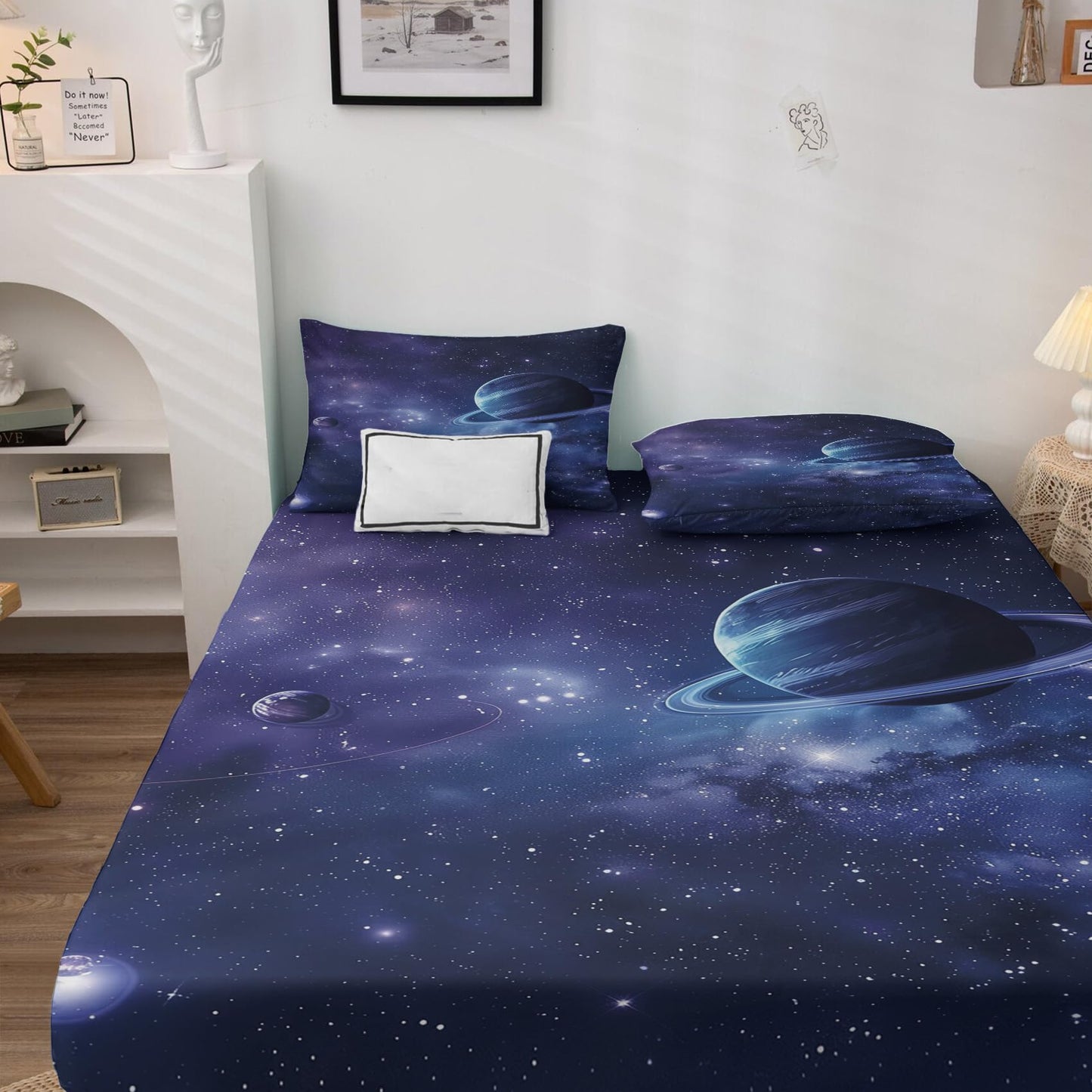 NOGAWA Planet Space Sheets California King Size, Galaxy Bed Sheets, Patterned Bedding Sheets & Pillowcases 4 Piece Set - Microfiber Deep Pocket Fitted Sheet & Flat Sheet & 2 Pillow Cases