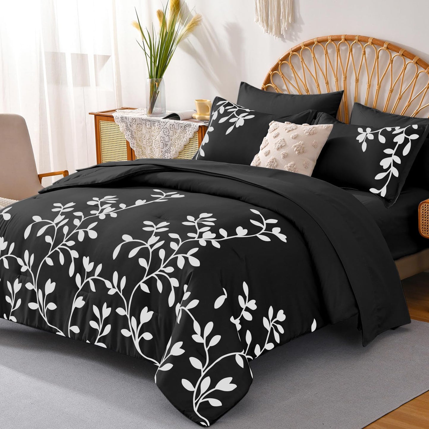 METAHOTS King Size Comforter Set - 7 Pieces White Floral Botanical Printed on Black King Comforter Set with Sheets, Soft Lightweight Microfiber Bedding Set for All Season(104"X90")