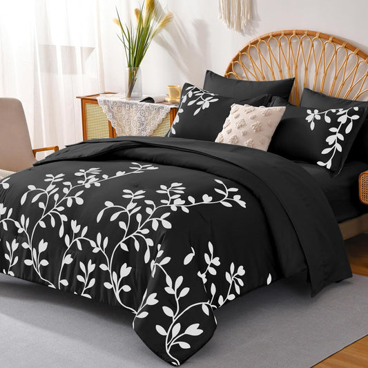 METAHOTS King Size Comforter Set - 7 Pieces White Floral Botanical Printed on Black King Comforter Set with Sheets, Soft Lightweight Microfiber Bedding Set for All Season(104"X90")