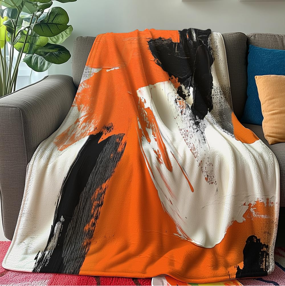 HUNXIAOJ Abstract Throw Blanket Orange and Black Flannel Blanket Abstract Orange Bedding Warm Soft Flannel for Bed Sofa Couch (59in x 70in)