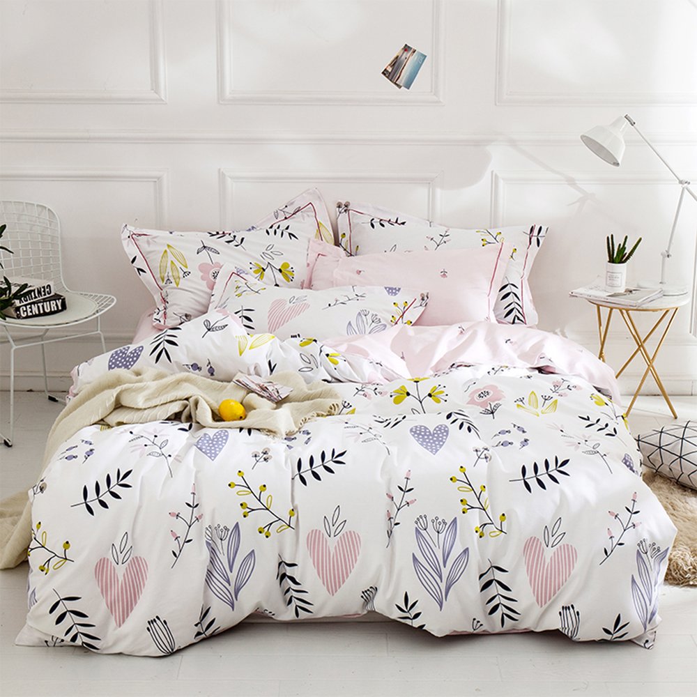 BuLuTu Floral Love Print Girls Duvet Cover Full White/Pink Cotton Premium Blossom Kawaii Reversible Kids Bedroom Comforter Cover Queen Duvet Cover for Toddler,Teen,Lightweight,Zipper Closure