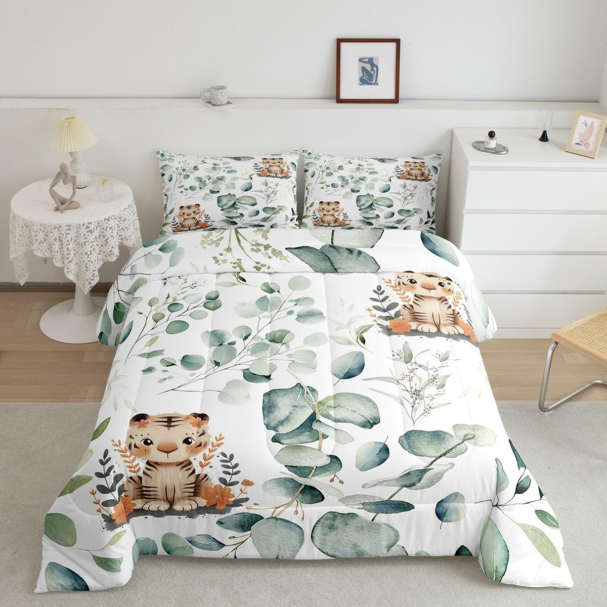 Erosebridal Kids Cute Animal King Comforter Set 7 Pieces for Girls Boys Cartoon Tiger Bedding Comforter Sets, Eucalyptus Bed in a Bag Watercolor Leaves Bedding Set, Kawaii Jungle Animal Bed Sheets Set