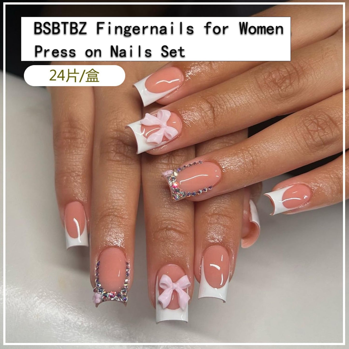 24Pcs French Tip Press on Short Square - 3D Handmade Press on Nails with 3D Flower Bow Rhinestone Charms Design Fake Nails Glitter French Nails Cute Press ons Shiny Bows False Nails for Women