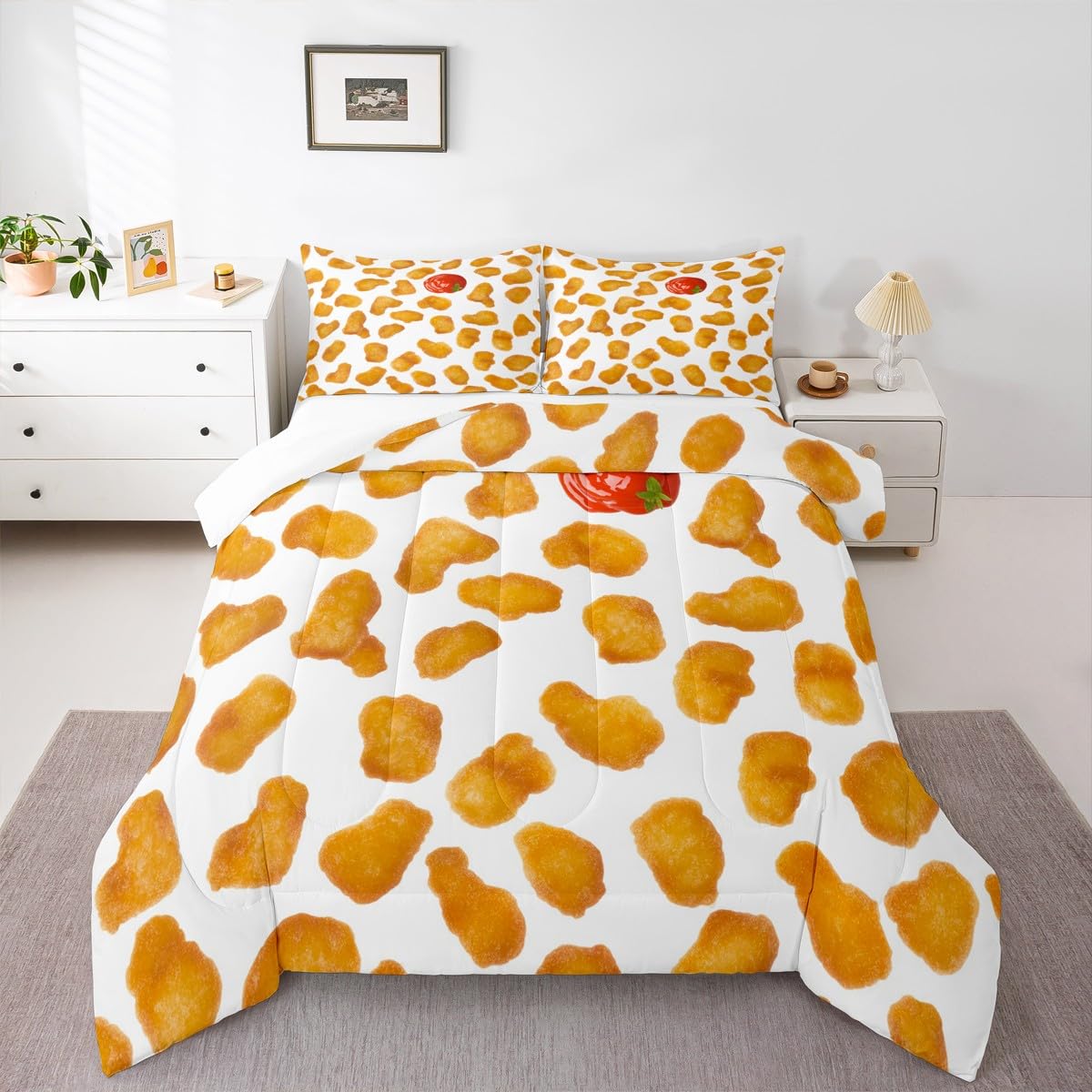 Erosebridal Chicken Nuggets Fried Comforter Set for Kids Boys Girls Teens Adult Food Bedding Set Queen Size Funny Food Down Comforter Men Women Duvet Set Bedroom Decor, Yellow