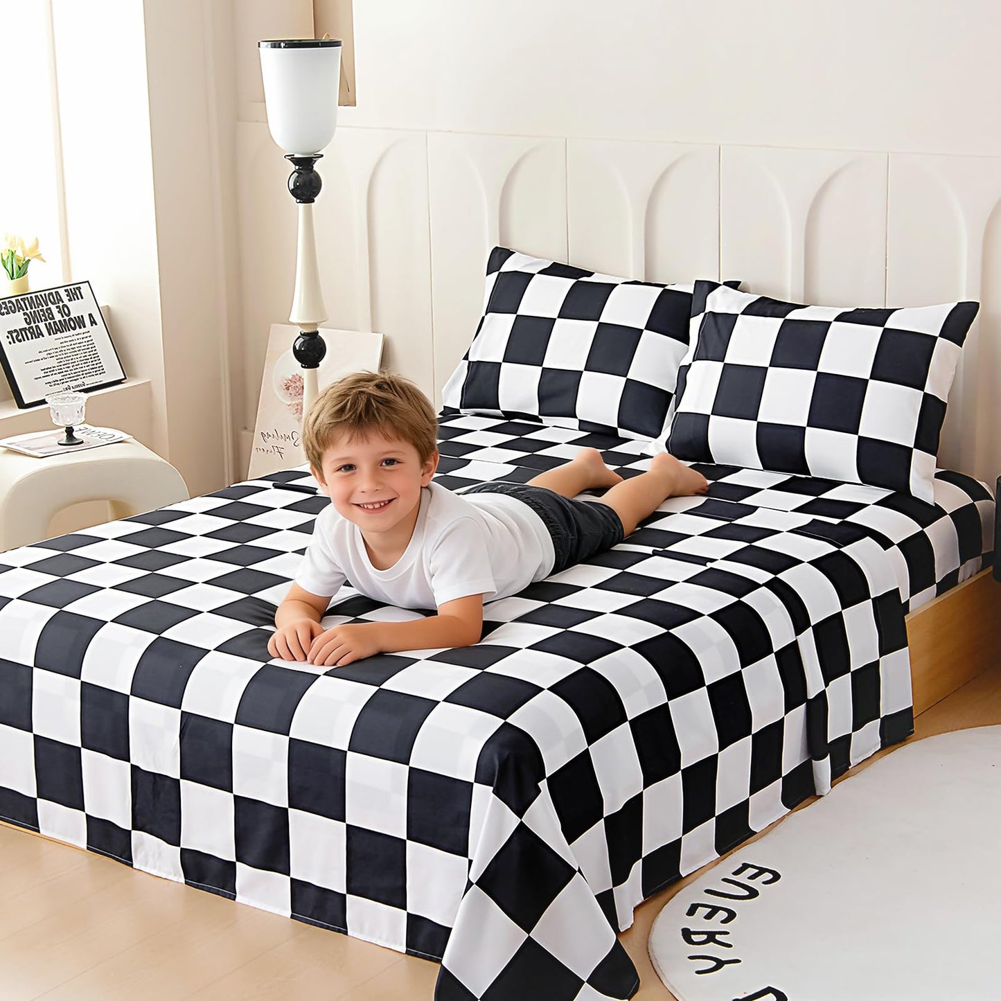 Homilay Full Sheet Set Kids - Black&White Plaid 4 Pieces Soft Microfiber Cartoon Style Bedsheets for Boys Girls Teens, Oeko TEX Breathable 15 Inch Deep Pocket Sheets(Chequered Flag)