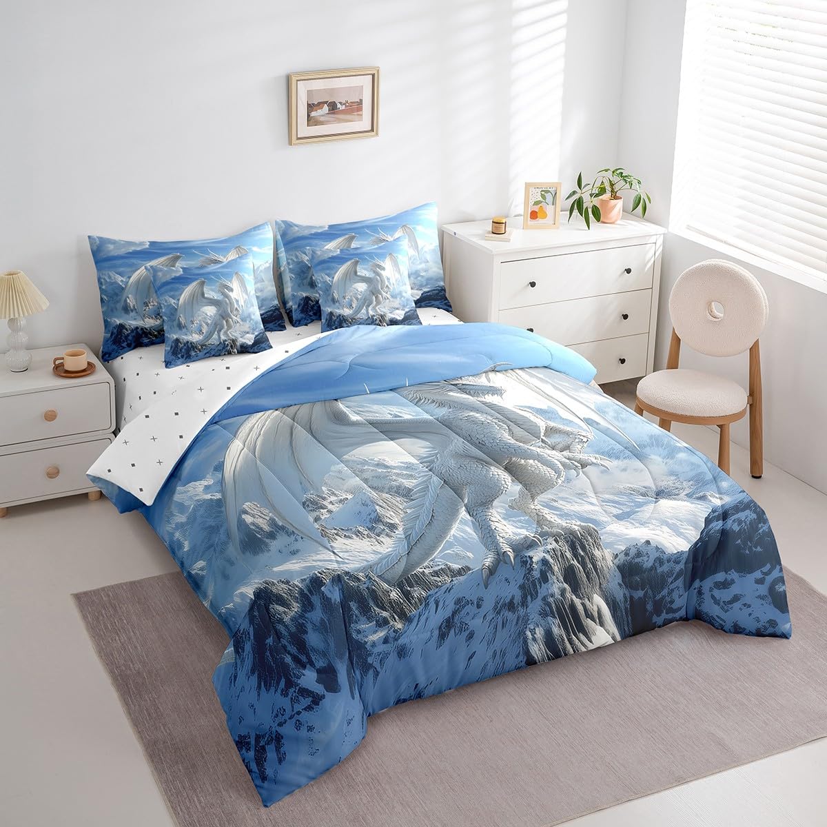 7 Pieces White Dragon Comforter Set Queen,Snow Mountain Wild Animal Bed Set for Kids Boys Girls,Western Dragon Bedding(1 Comforter,1 Fitted Sheet,1 Flat Sheet,2 Pillowcases,2 Throw Pillow Cover)