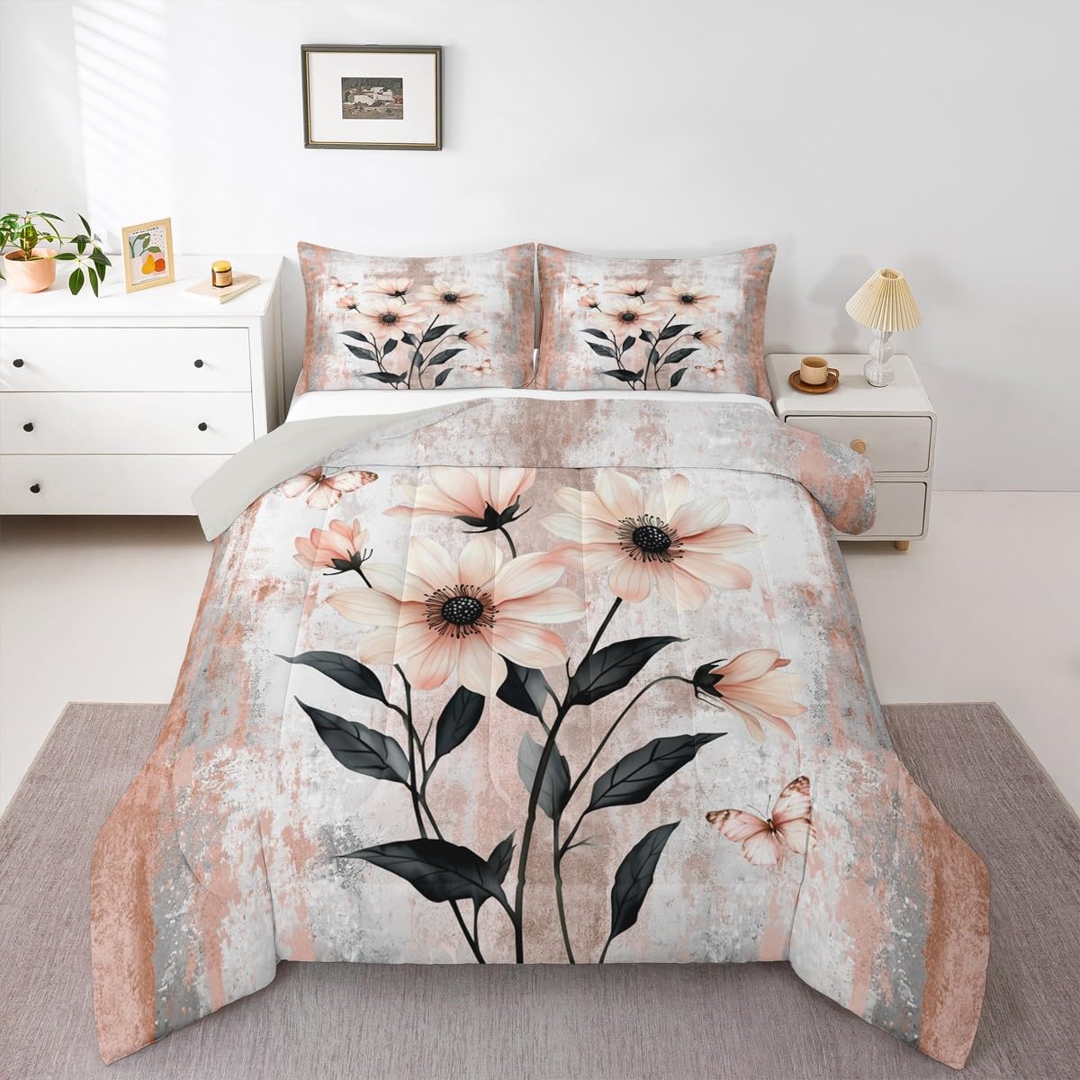 Erosebridal Watercolor Daisy Flowers Queen Comforter Set Abstract Oil Painting Bedding Set Rustic Farmhouse Bed Set Ombre Orange Grey White Quilt Set