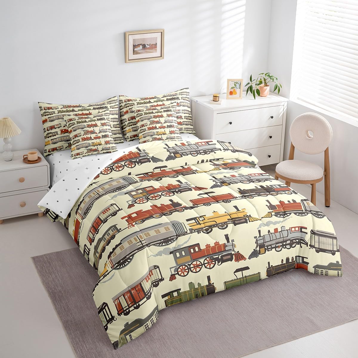 7 Pieces Twin Size Cartoon Train Comforter Set,Retro Steam Locomotive Train Bedding Set for Boys Girls,Transport Vehicle Yellow boho (Comforter+Fitted+Flat Sheet+2 Pillowcases+2 Throw Pillow Covers)