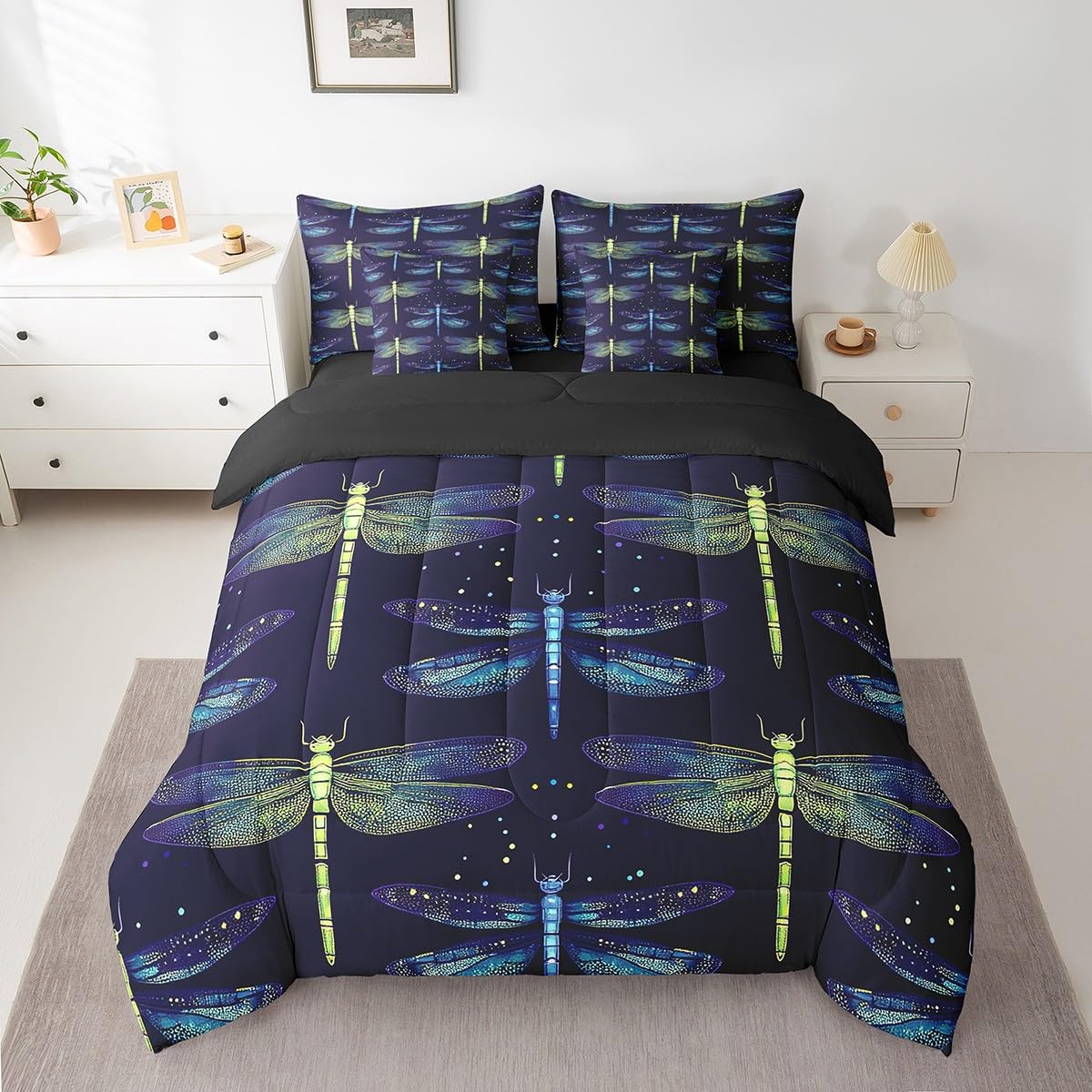 Erosebridal Dragonfly Full Size Bed Sheets and Comforter Set,Flying Dragonflies 7 Piece Bedding Set Rustic Aesthetic Animal Bed in a Bag,Exotic Wildlife Bed Sets