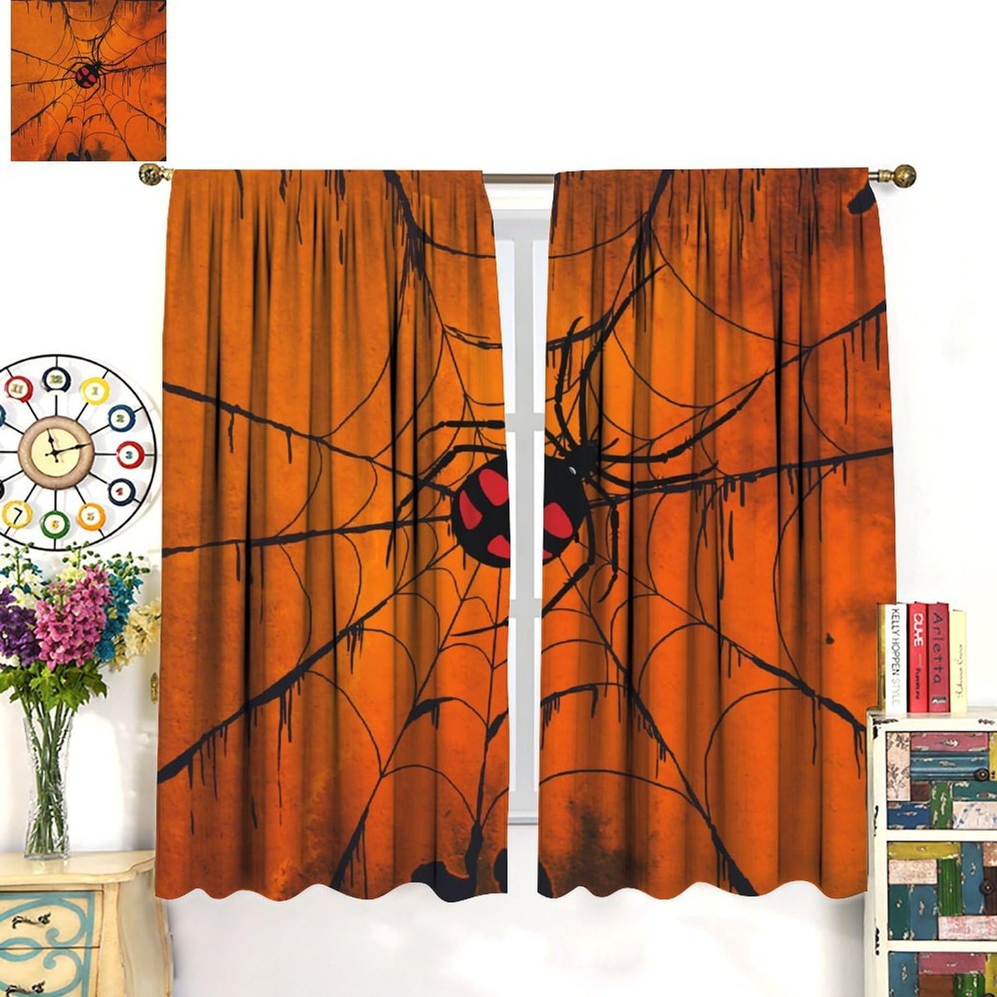 Djaby Spiders Web Curtains, Halloween Spooky Spider Web Gothic Scary Window Curtain for Boys Girls Kids Baby Bedroom Nursery 42" W X 45" L(No Blackout)