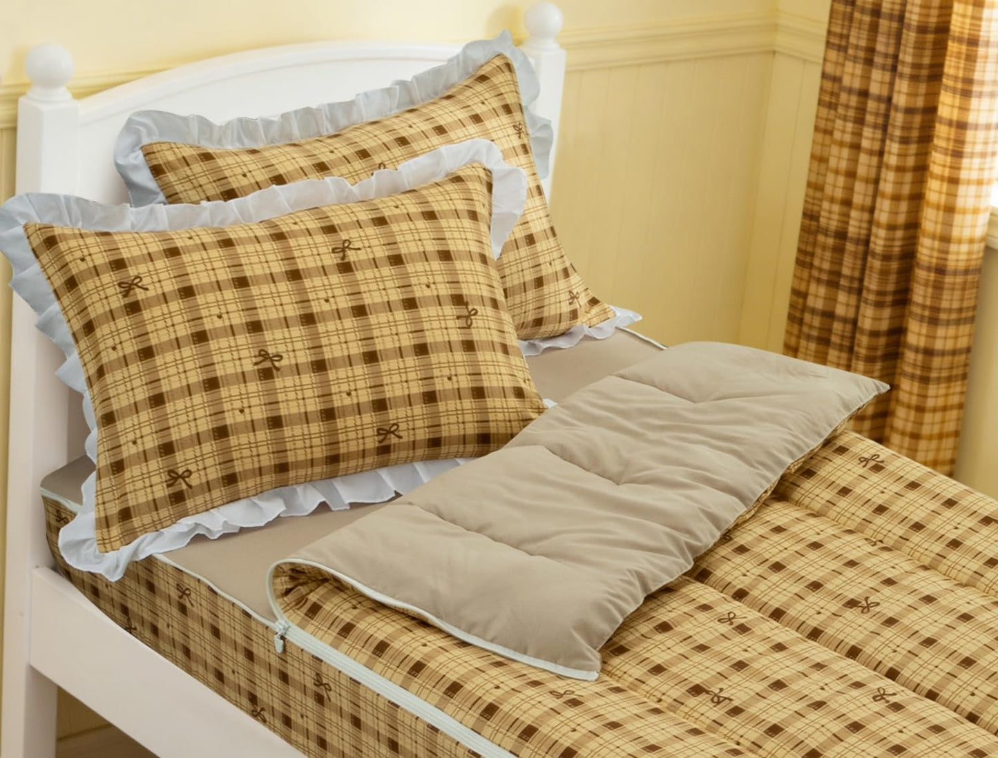 Meeting Story 3pcs Zip Up Bedding Set for Girls, Coffee Bow Checked Plaid Zipper Comforter Set for Kids(Coffee,Twin)
