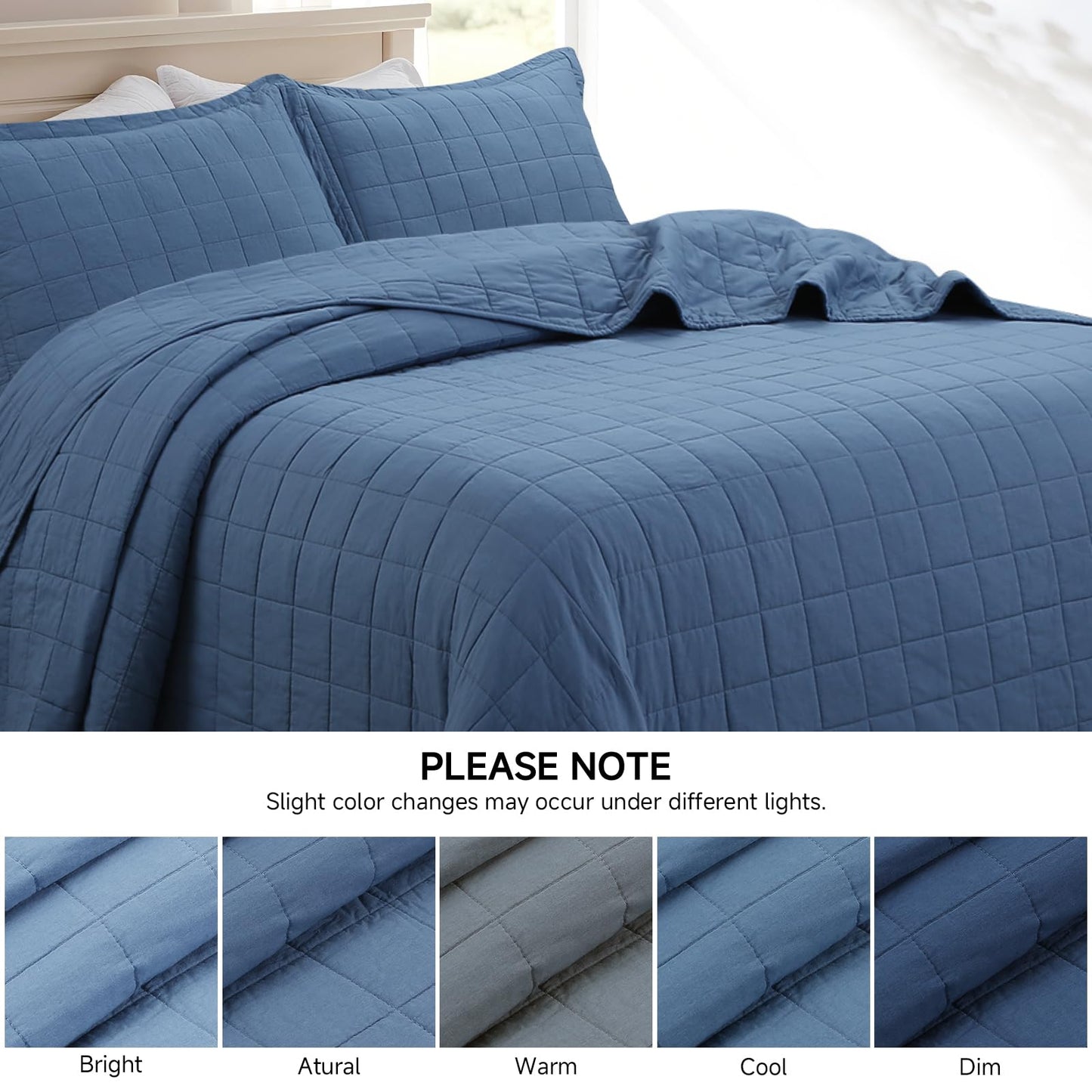 FFQSS Quilt Queen Size Bedding Sets - 100% Cotton Lightweight Luxury Comforter Set, Full Size Stitching Bedspreads Coverlet with 2 Pillowcase Suit for All Season, Blue