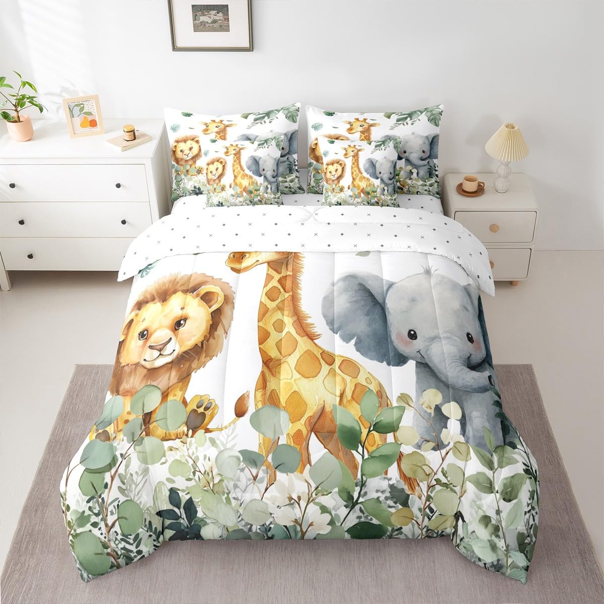 Erosebridal Jungle Animal Twin Size Comforter Set with Sheets - Kawaii Cartoon Zoo Animal 7-Piece Bedding Set Cartoon Lion Elephant Giraffe Bed in a Bag Leaves Botanical Eucalyptus Bed Quilt Sets