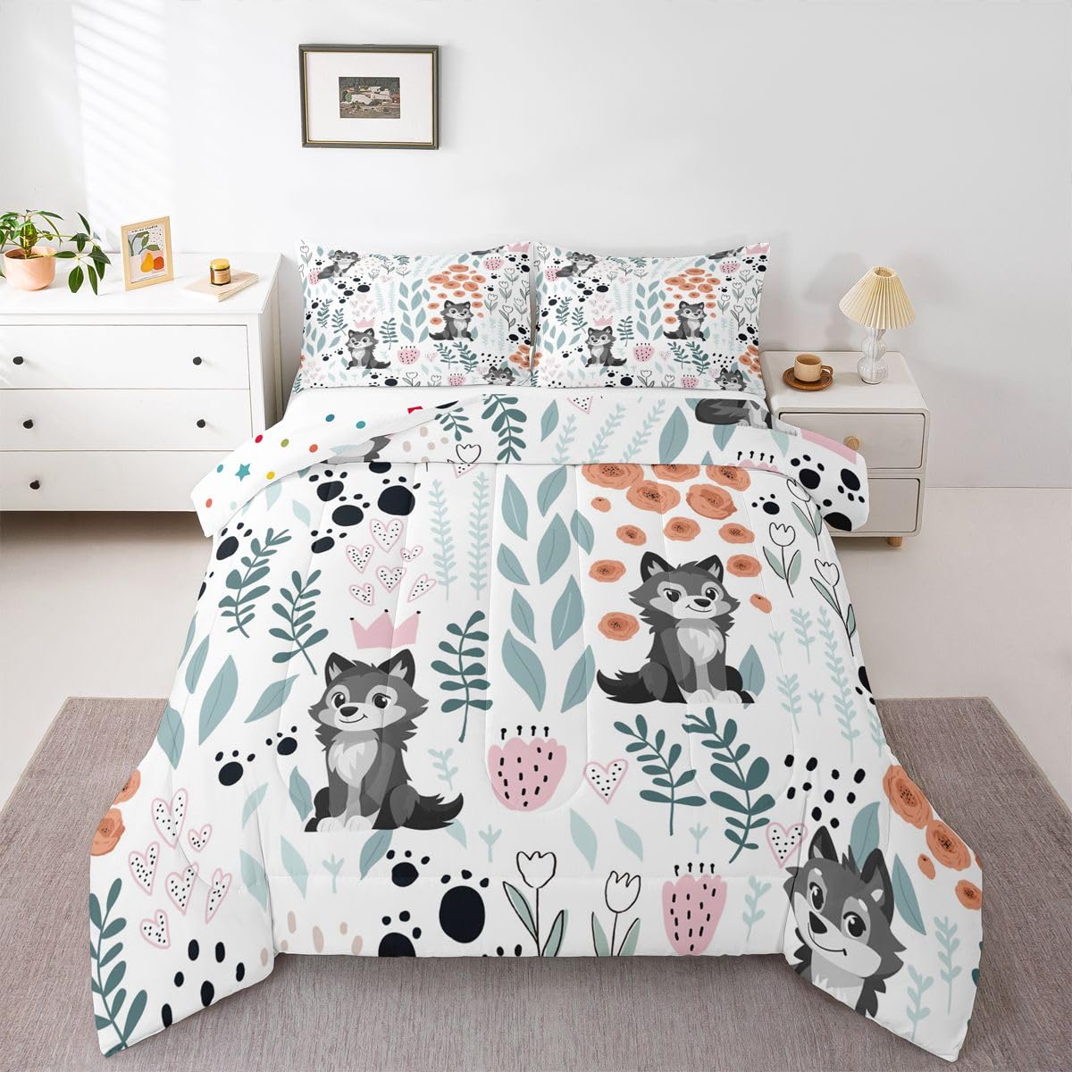 Erosebridal Kawaii Grey Wolf Bedding Set Twin Size,Wildlife Animals Wolf Comforter Set for Kids Girls Boys,Cute Love Heart Leaf Flower Comforter Set,Paw Print Quilt Bed Set with 1 Pillow Case