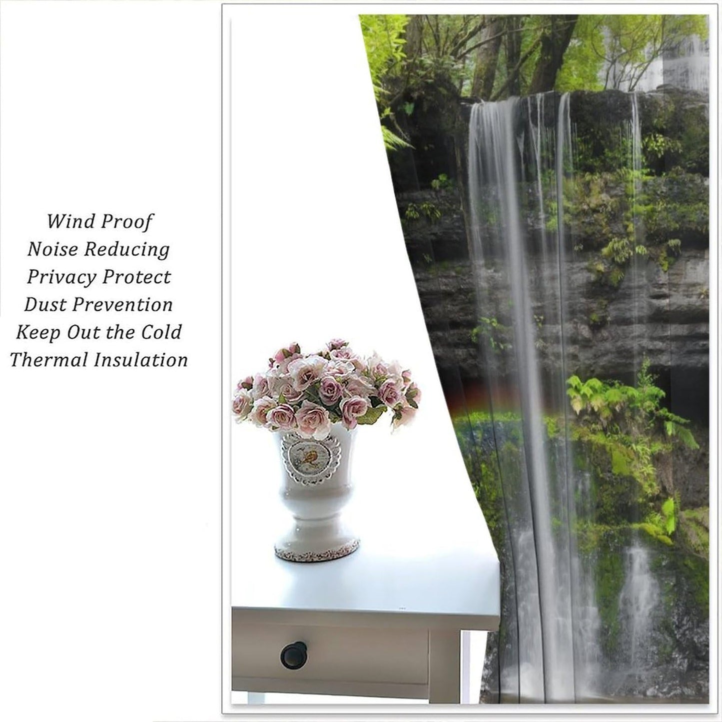 Natural Landscape Waterfall Blackout Curtains, Forest Falls Spring Natural Scenery Green Plant Tree Leaf Rod Pocket Window Drapes, for Bedroom Living Room 42" W X 45" L