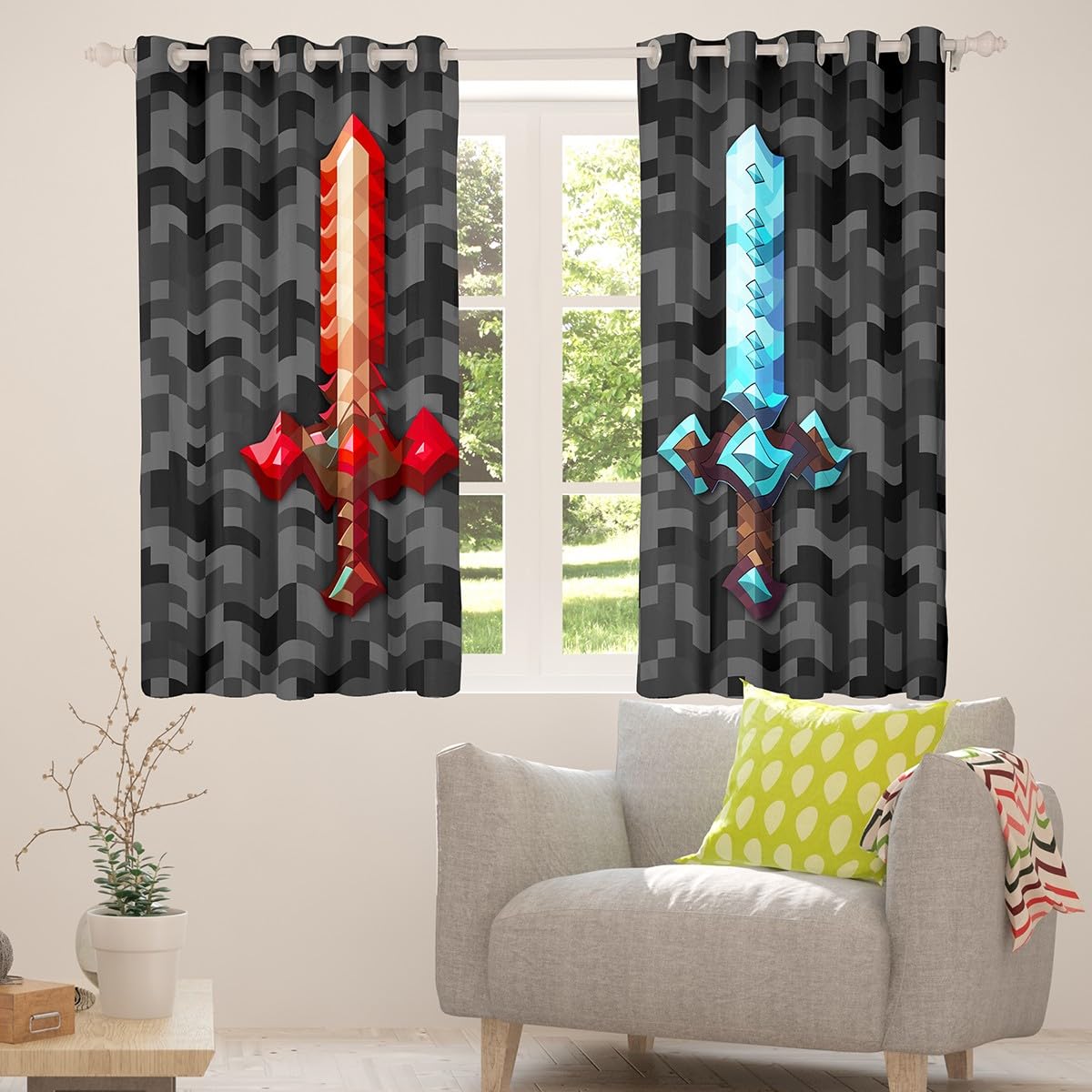 Castle Fairy Red Blue Sword Bedroom Decor Curtains,Sandbox Building Games Window Curtain,Kids Teens Pixelated Style Swords Window Treatment Grey Black Camo Blackout Drapes 2 Panels,38Wx54L