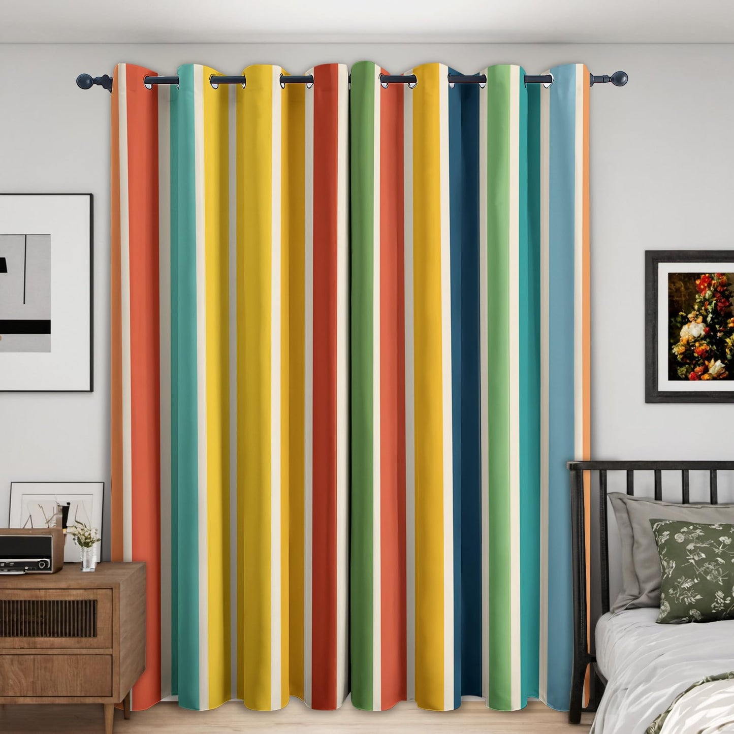 Colorful Striped Curtains Blackout - Retro Rainbow Stripe Curtains 84 Inch Length 2 Panels Set, Colorful Striped Window Curtain for Bedroom, Living Room, Thermal Insulated Grommet Drapes -O177